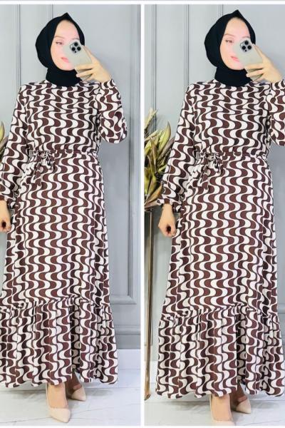 Tesettur Yazlik viskon elbise Sütlü Kahve Kemik