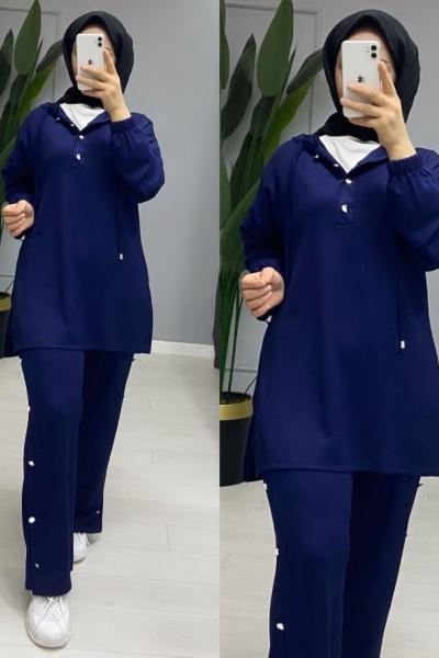 Yağmur taşlı fermuarlı takım Lacivert