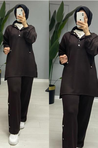 Yağmur taşlı fermuarlı takım Kahverengi