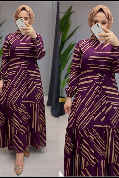 Zikzak tesettür viskon yazlık elbise Mor